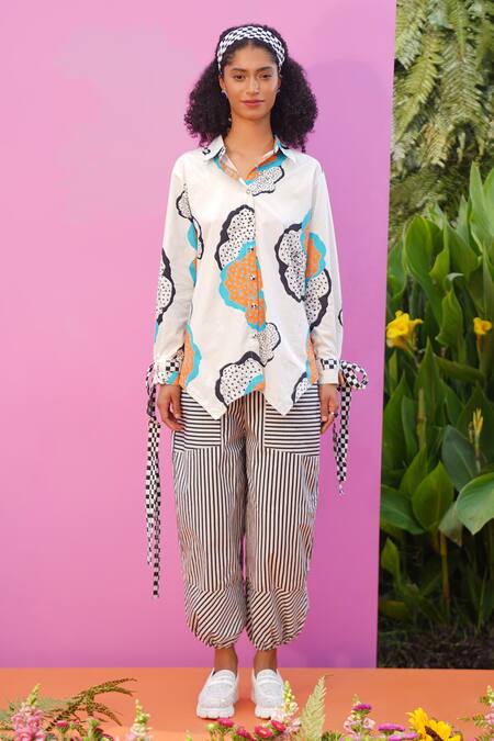 ZeN'S Couture_Multi Color Poplin Printed Floral Collared And Stripe Shirt Pant Set_Online_at_Aza_Fashions