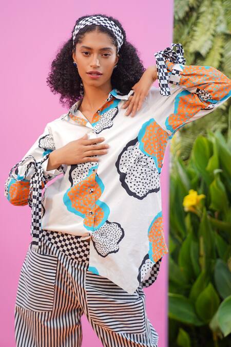 Shop_ZeN'S Couture_Multi Color Poplin Printed Floral Collared And Stripe Shirt Pant Set_Online_at_Aza_Fashions