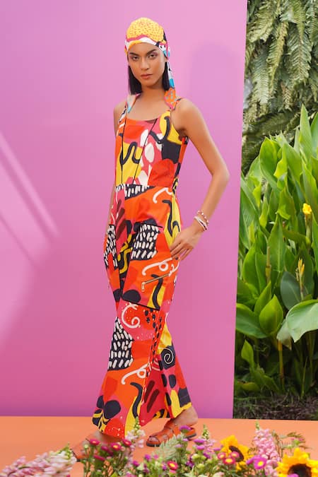 Shop_ZeN'S Couture_Multi Color Poplin Abstract Round Erica Pattern Jumpsuit_Online_at_Aza_Fashions