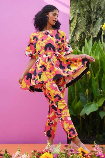 ZeN'S Couture_Multi Color Poplin Round Neck Ren Abstract Pattern Top And Pant Co-ord Set_Online_at_Aza_Fashions