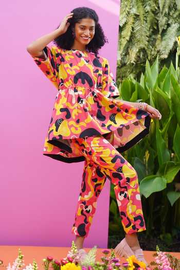Buy_ZeN'S Couture_Multi Color Poplin Round Neck Ren Abstract Pattern Top And Pant Co-ord Set_Online_at_Aza_Fashions