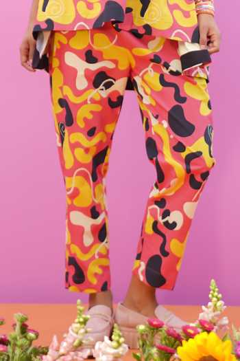 Shop_ZeN'S Couture_Multi Color Poplin Round Neck Ren Abstract Pattern Top And Pant Co-ord Set_Online_at_Aza_Fashions
