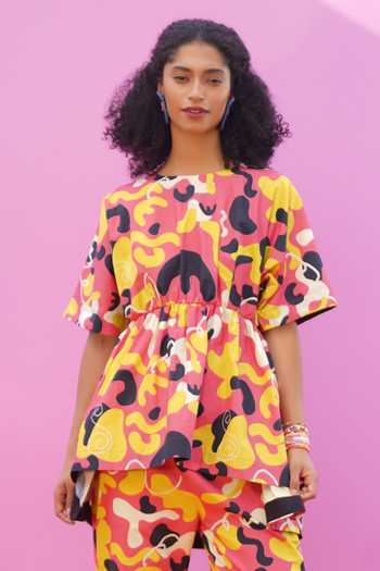 ZeN'S Couture_Multi Color Poplin Round Neck Ren Abstract Pattern Top And Pant Co-ord Set_at_Aza_Fashions
