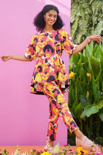 Buy_ZeN'S Couture_Multi Color Poplin Round Neck Ren Abstract Pattern Top And Pant Co-ord Set