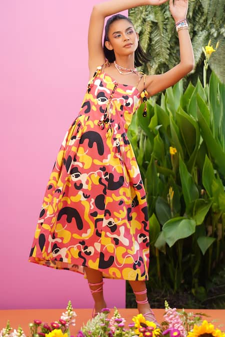 ZeN'S Couture_Multi Color Poplin Sweetheart Neck Holly Abstract Pattern Midi Dress_Online_at_Aza_Fashions