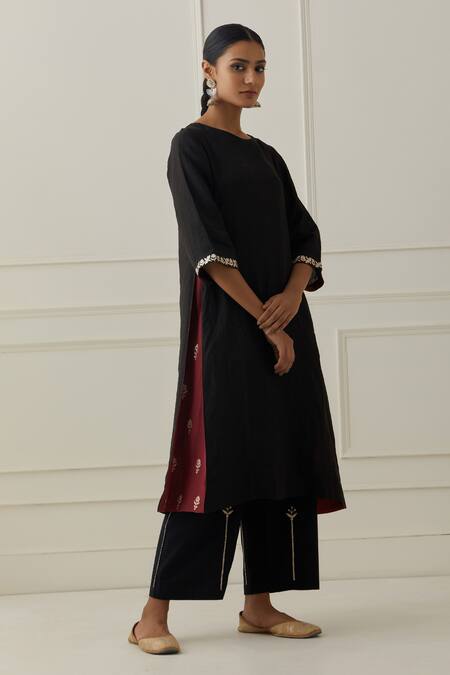 Shop Kamaltaas Black Linen Embroidery Pittan Booti Round Neck Flora Side Panel Kurta Online at Aza Fashions Shop_Kamaltaas_Black Linen Embroidery Pittan Booti Round Neck Flora Side Panel Kurta _Online_at_Aza_Fashions