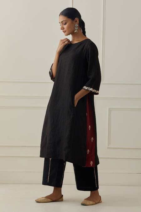 Shop_Kamaltaas_Black Linen Embroidery Round Neck Flora Pittan Booti Kurta With Flared Pant _Online_at_Aza_Fashions