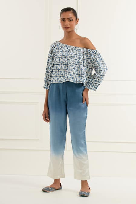 Kamaltaas Blue Linen Satin Embroidery Pittan Starlet Bloom Print Top With Ombre Trouser 