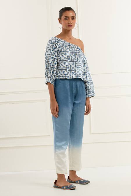 Kamaltaas_Blue Linen Satin Embroidery Pittan Starlet Bloom Print Top With Ombre Trouser _at_Aza_Fashions
