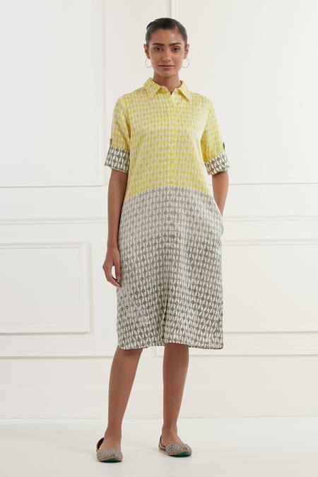 Kamaltaas Yellow Linen, Satin Embroidery Collared Block Print Midi Shirt Dress Online at Aza Fashions Kamaltaas_Yellow Linen, Satin Embroidery Collared Block Print Midi Shirt Dress _Online_at_Aza_Fashions
