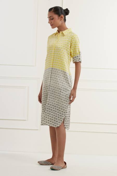 Buy Kamaltaas Yellow Linen, Satin Embroidery Collared Block Print Midi Shirt Dress Online at Aza Fashions Buy_Kamaltaas_Yellow Linen, Satin Embroidery Collared Block Print Midi Shirt Dress _Online_at_Aza_Fashions
