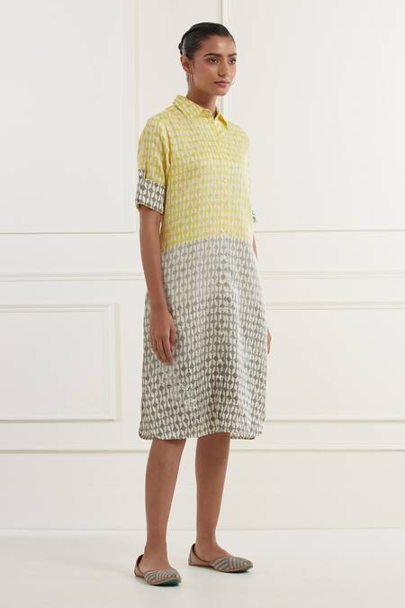 Shop Kamaltaas Yellow Linen, Satin Embroidery Collared Block Print Midi Shirt Dress Online at Aza Fashions Shop_Kamaltaas_Yellow Linen, Satin Embroidery Collared Block Print Midi Shirt Dress _Online_at_Aza_Fashions