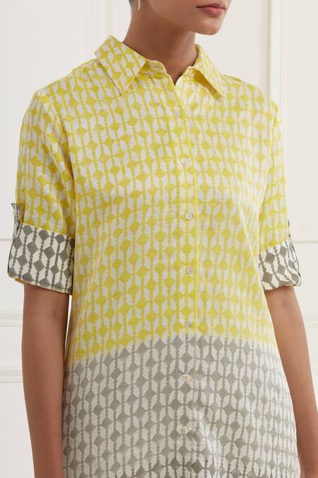 Kamaltaas Yellow Linen, Satin Embroidery Collared Block Print Midi Shirt Dress at Aza Fashions Kamaltaas_Yellow Linen, Satin Embroidery Collared Block Print Midi Shirt Dress _at_Aza_Fashions