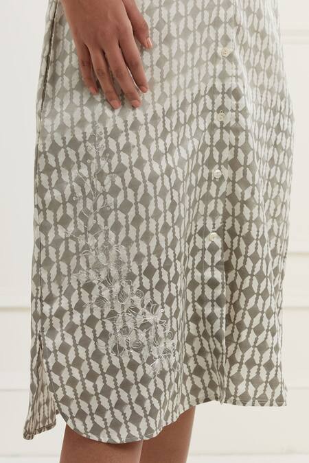 Buy Kamaltaas Yellow Linen, Satin Embroidery Collared Block Print Midi Shirt Dress Buy_Kamaltaas_Yellow Linen, Satin Embroidery Collared Block Print Midi Shirt Dress