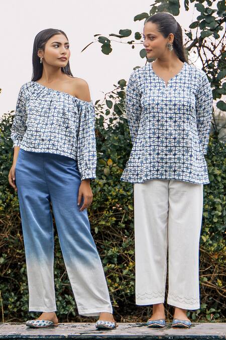 Kamaltaas_Blue Linen Satin Print Block Leaf Neck Starlet Blossom Top With Pant _Online_at_Aza_Fashions