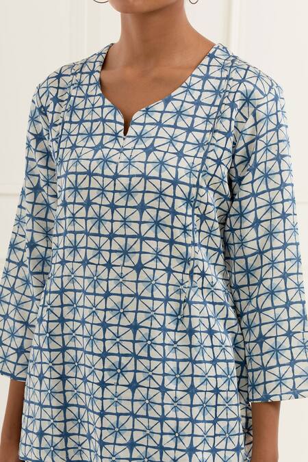 Shop_Kamaltaas_Blue Linen Satin Print Block Leaf Neck Starlet Blossom Top With Pant _Online_at_Aza_Fashions