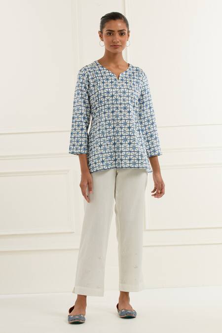 Kamaltaas_Blue Linen Satin Print Block Leaf Neck Starlet Blossom Top With Pant _at_Aza_Fashions