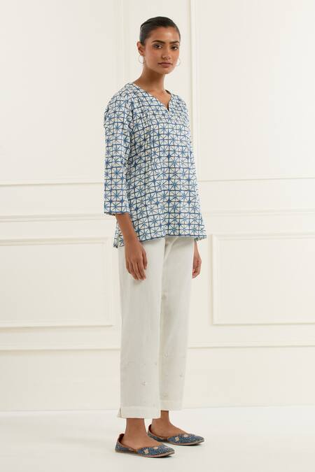 Shop_Kamaltaas_Blue Linen Satin Print Block Leaf Neck Starlet Blossom Top With Pant 
