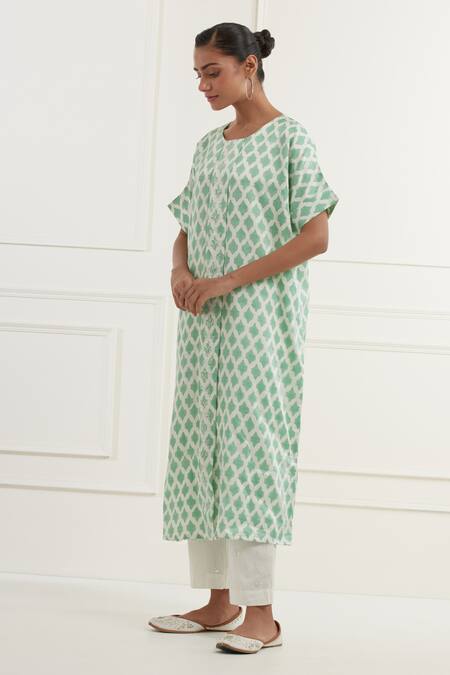 Shop_Kamaltaas_Green Linen, Satin Embroidery, Piping Geometric Block Print Kurta With Pant _Online_at_Aza_Fashions