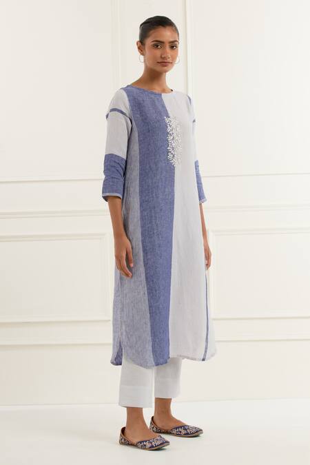 Buy_Kamaltaas_Blue Linen Embroidery Round Neck Colorblocked Pittan Bloom Kurta With Pant _Online_at_Aza_Fashions