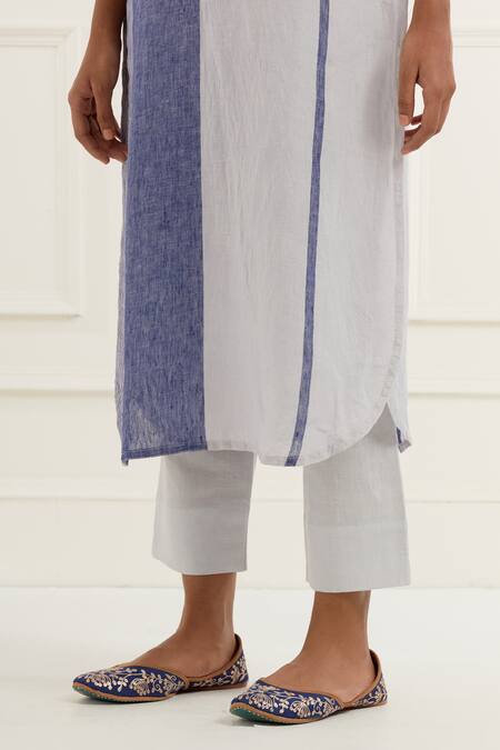 Shop_Kamaltaas_Blue Linen Embroidery Round Neck Colorblocked Pittan Bloom Kurta With Pant _Online_at_Aza_Fashions