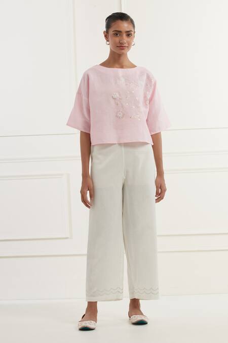 Kamaltaas_Pink Linen Embroidery Thread Boat Neck Gardenia And Pittan Top With Pant _Online_at_Aza_Fashions
