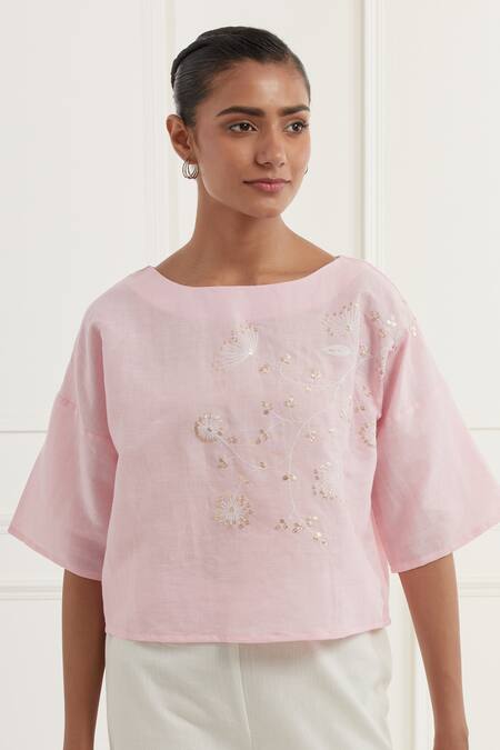 Kamaltaas_Pink Linen Embroidery Thread Boat Neck Gardenia And Pittan Top With Pant _at_Aza_Fashions