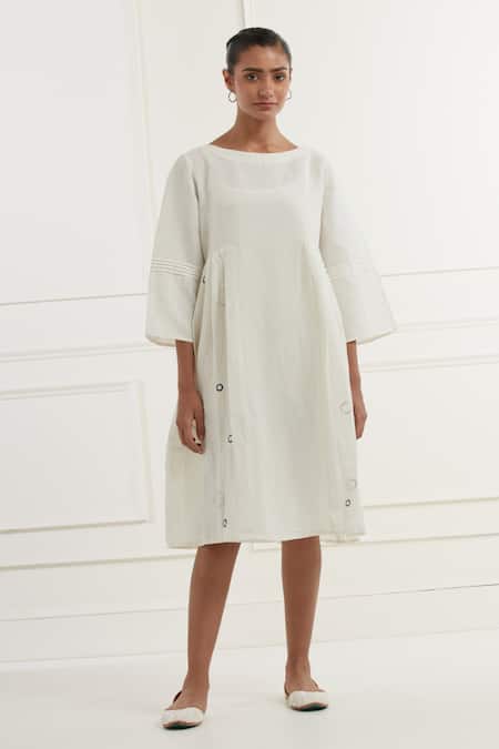 Kamaltaas White Linen Embroidery Shirt Boat Neck Bubble Pittan Midi Dress Online at Aza Fashions Kamaltaas_White Linen Embroidery Shirt Boat Neck Bubble Pittan Midi Dress _Online_at_Aza_Fashions