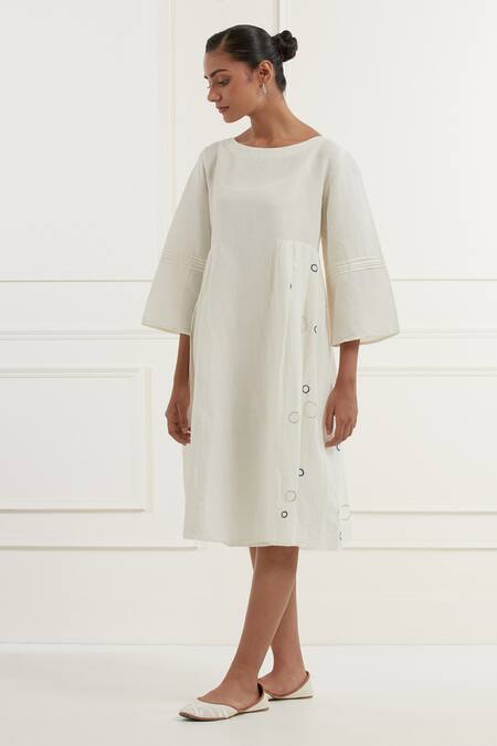 Buy Kamaltaas White Linen Embroidery Shirt Boat Neck Bubble Pittan Midi Dress Online at Aza Fashions Buy_Kamaltaas_White Linen Embroidery Shirt Boat Neck Bubble Pittan Midi Dress _Online_at_Aza_Fashions