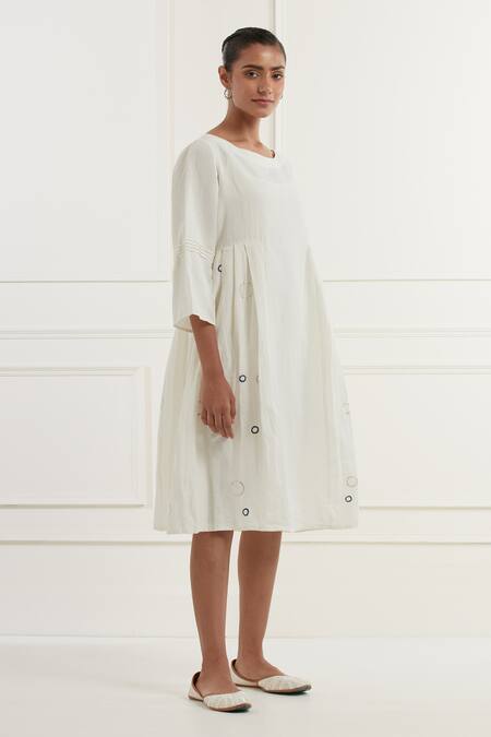 Shop Kamaltaas White Linen Embroidery Shirt Boat Neck Bubble Pittan Midi Dress Online at Aza Fashions Shop_Kamaltaas_White Linen Embroidery Shirt Boat Neck Bubble Pittan Midi Dress _Online_at_Aza_Fashions