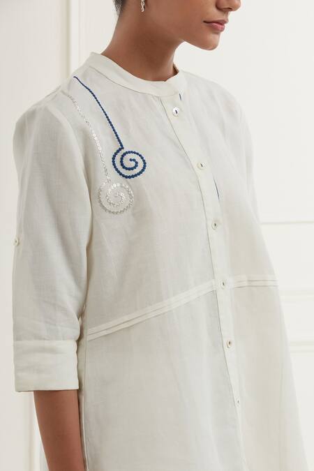 Kamaltaas_White Linen Embroidery Pittan Mandarin Collar Bubble Shirt With Pant _Online_at_Aza_Fashions