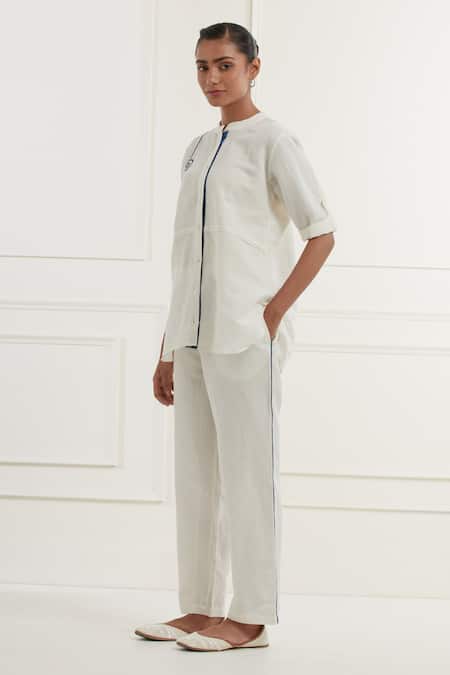 Buy_Kamaltaas_White Linen Embroidery Pittan Mandarin Collar Bubble Shirt With Pant _Online_at_Aza_Fashions