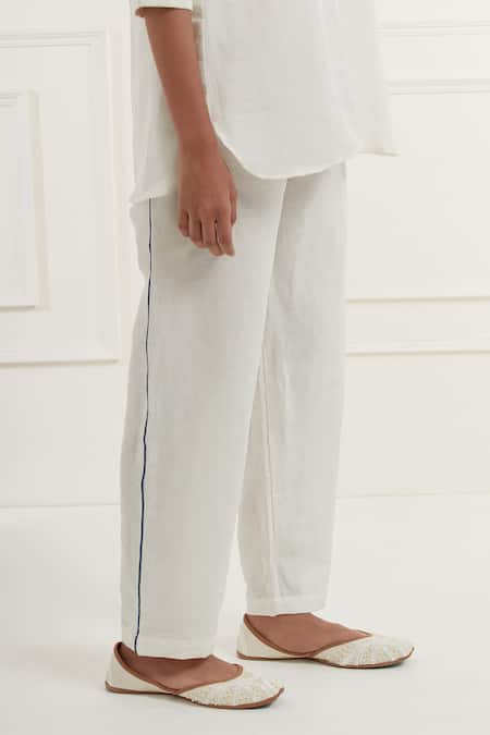 Shop_Kamaltaas_White Linen Embroidery Pittan Mandarin Collar Bubble Shirt With Pant _Online_at_Aza_Fashions