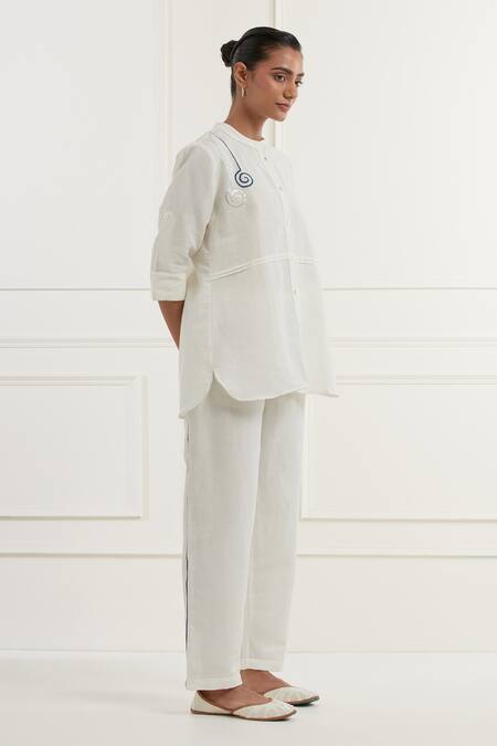 Kamaltaas_White Linen Embroidery Pittan Mandarin Collar Bubble Shirt With Pant _at_Aza_Fashions