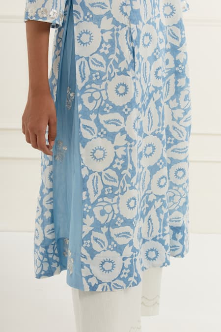 Shop Kamaltaas Blue Cotton Embroidery Boat Neck Floral Print Side Panel Kurta With Pant Online at Aza Fashions Shop_Kamaltaas_Blue Cotton Embroidery Boat Neck Floral Print Side Panel Kurta With Pant _Online_at_Aza_Fashions
