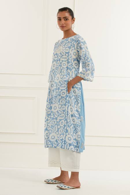 Kamaltaas Blue Cotton Embroidery Boat Neck Floral Print Side Panel Kurta With Pant at Aza Fashions Kamaltaas_Blue Cotton Embroidery Boat Neck Floral Print Side Panel Kurta With Pant _at_Aza_Fashions