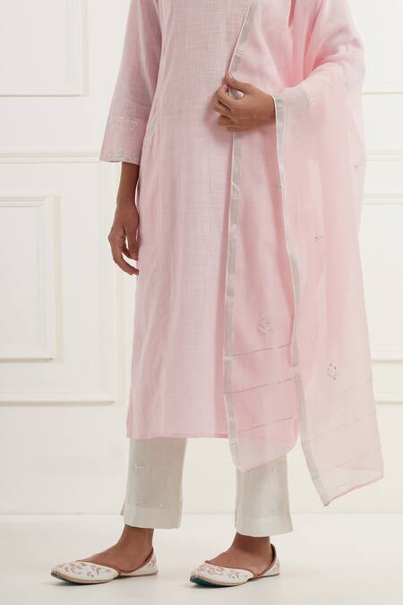 Kamaltaas_Pink Cotton Pearls, Embroidery V-neck Floral Pittan Kurta With Pant _Online_at_Aza_Fashions