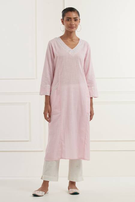 Shop_Kamaltaas_Pink Cotton Pearls, Embroidery V-neck Floral Pittan Kurta With Pant _Online_at_Aza_Fashions