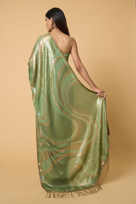 Nakul Sen Wavy Sequin Saree With Unstitched Blouse Piece 