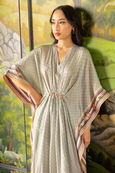 Buy_Falguni Shane Peacock_Floral Print Dupion Silk Kaftan Set _Online_at_Aza_Fashions