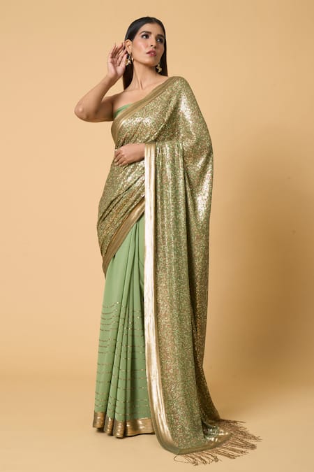 Nakul Sen_Green Silk, Chiffon Sequins Saree With Unstitched Blouse Piece _Online_at_Aza_Fashions