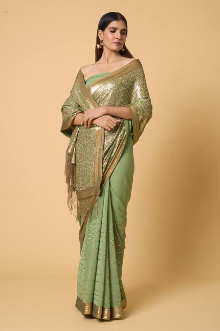 Buy_Nakul Sen_Green Silk, Chiffon Sequins Saree With Unstitched Blouse Piece _Online_at_Aza_Fashions