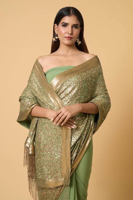 Shop_Nakul Sen_Green Silk, Chiffon Sequins Saree With Unstitched Blouse Piece _Online_at_Aza_Fashions