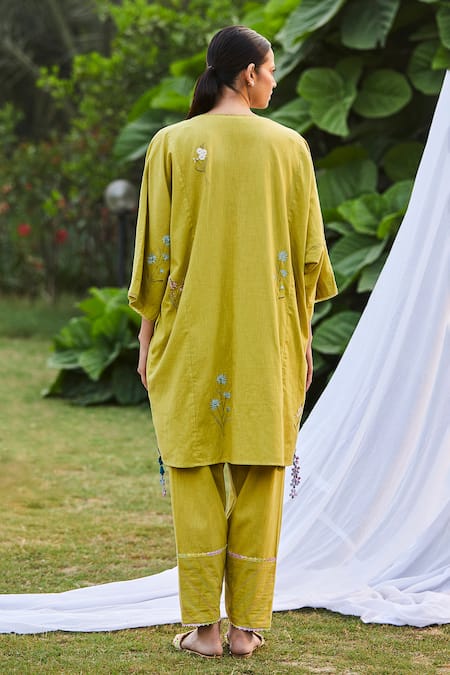 Shop BO Tree Green Cotton Slub Embroidered Floral Motif V Sunlit Soiree Kaftan And Pant Set at Aza Fashions Shop_BO Tree_Green Cotton Slub Embroidered Floral Motif V Sunlit Soiree Kaftan And Pant Set _at_Aza_Fashions