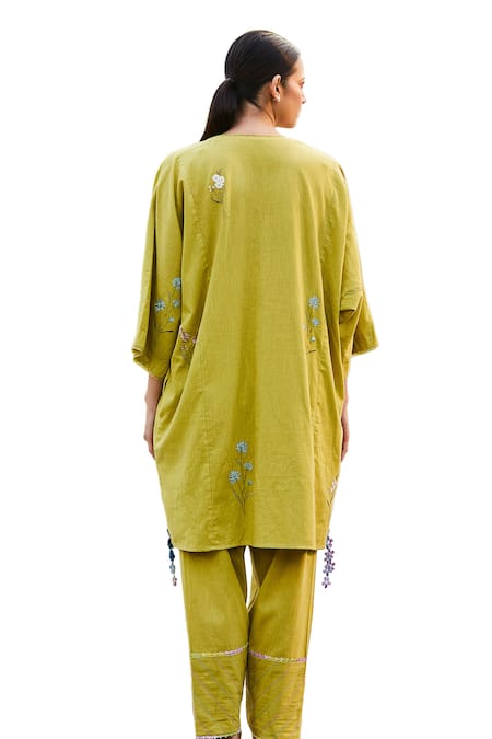 BO Tree Green Cotton Slub Embroidered Floral Motif V Sunlit Soiree Kaftan And Pant Set Online at Aza Fashions BO Tree_Green Cotton Slub Embroidered Floral Motif V Sunlit Soiree Kaftan And Pant Set _Online_at_Aza_Fashions