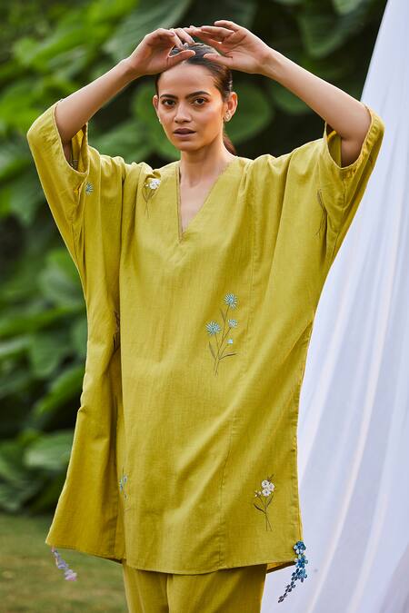 Buy BO Tree Green Cotton Slub Embroidered Floral Motif V Sunlit Soiree Kaftan And Pant Set Online at Aza Fashions Buy_BO Tree_Green Cotton Slub Embroidered Floral Motif V Sunlit Soiree Kaftan And Pant Set _Online_at_Aza_Fashions