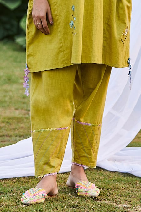 Shop BO Tree Green Cotton Slub Embroidered Floral Motif V Sunlit Soiree Kaftan And Pant Set Online at Aza Fashions Shop_BO Tree_Green Cotton Slub Embroidered Floral Motif V Sunlit Soiree Kaftan And Pant Set _Online_at_Aza_Fashions