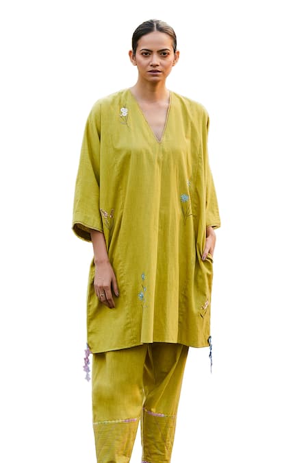 BO Tree Green Cotton Slub Embroidered Floral Motif V Sunlit Soiree Kaftan And Pant Set at Aza Fashions BO Tree_Green Cotton Slub Embroidered Floral Motif V Sunlit Soiree Kaftan And Pant Set _at_Aza_Fashions