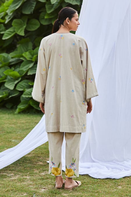 Shop BO Tree Beige Cotton Slub Embroidered Floral Motif V Meadow Dream Kaftan And Pant Set at Aza Fashions Shop_BO Tree_Beige Cotton Slub Embroidered Floral Motif V Meadow Dream Kaftan And Pant Set _at_Aza_Fashions