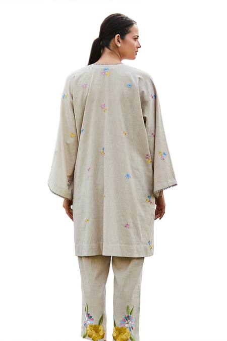 BO Tree Beige Cotton Slub Embroidered Floral Motif V Meadow Dream Kaftan And Pant Set Online at Aza Fashions BO Tree_Beige Cotton Slub Embroidered Floral Motif V Meadow Dream Kaftan And Pant Set _Online_at_Aza_Fashions